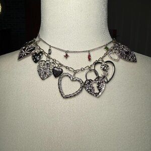 NWT Pretty Little Thing Silver Layered Multi Charm Heart Necklace